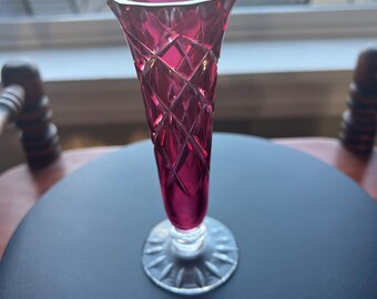 Vintage Ruby Red Pink Cut to Clear Crystal Vase, Cut Glass Flared Base, Crystal Bohemian Czech Glass Art, Home Decor, Lover Antiques