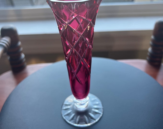 Vintage Ruby Red Pink Cut to Clear Crystal Vase, Cut Glass Flared Base, Crystal Bohemian Czech Glass Art, Home Decor, Lover Antiques