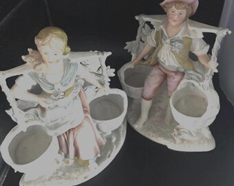 Antique Grafenthal Schneider Boy and Girl Carrying Buckets Vase Planter Late 1800/Early 1900 Porcelain Bisque Lover Antiques and Vintage