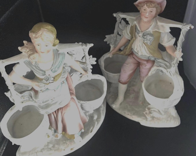 Antique Grafenthal Schneider Boy and Girl Carrying Buckets Vase Planter Late 1800/Early 1900 Porcelain Bisque Lover Antiques and Vintage