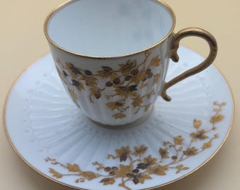 Antique Limoges Porcelain Tea Cup and Saucer: Hand Painted Leaves