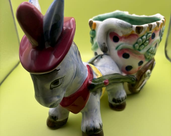 Vintage Lefton Donkey with Cart Hand Painted Ceramic Planter Figurines Japanese Lover Antiques and Vintage