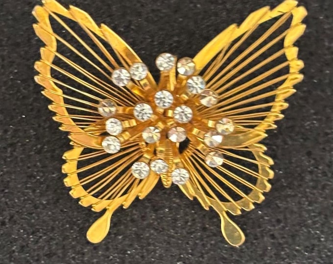 Vintage Monet Gold & Crystal Rhinestones Butterfly Pin Brooch Lover Antiques and Vintage