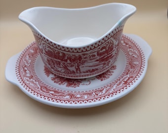 Vintage Red & White Gravy Dish and Saucer Set Lover Antiques and Vintage