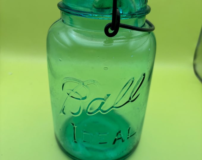 Antique Teal Ideal Ball Glass Jar with Lid Container with Top Lover Antiques and Vintage