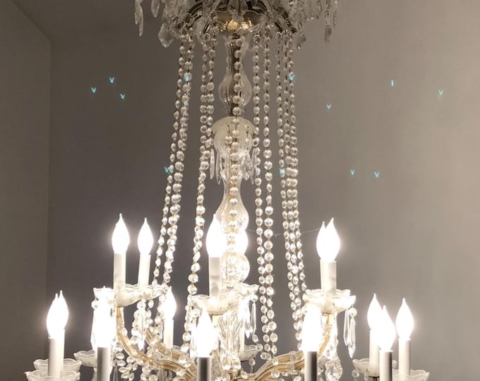 Mid Century Crystal Glass & Beads 18 Bulb Chandelier Light Fixture