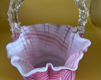 Antique Stevens & Williams Peppermint Pink Swirl Cased Glass Basket Thorn Handle Lover Antiques and Vintage