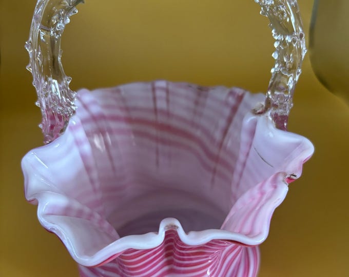 Antique Stevens & Williams Peppermint Pink Swirl Cased Glass Basket Thorn Handle Lover Antiques and Vintage