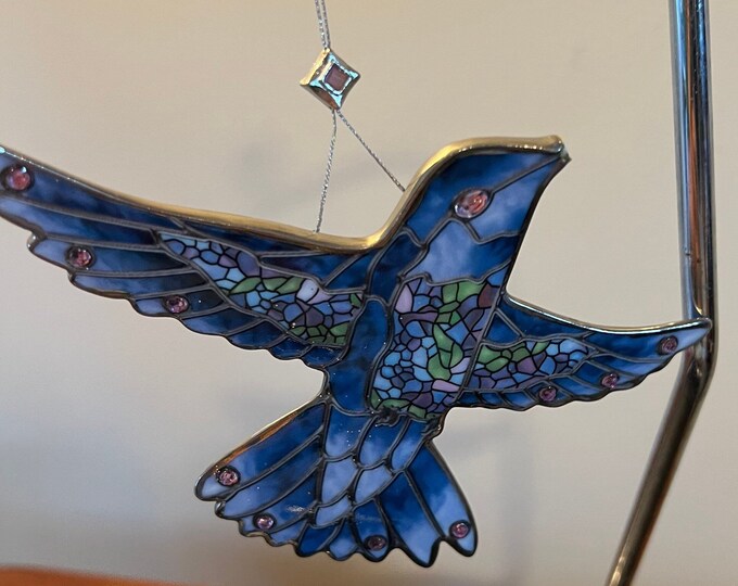 Vintage Blue Bird Stained Glass Art Sun Catcher blue Lover Antiques and Vintage
