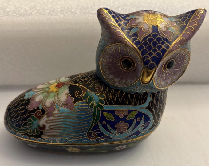 Cloisonné Enamel & Brass Owl Trinket Box, Early Owl Figurine, Lover Antiques and Vintage