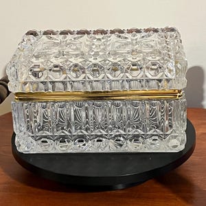 Large French Crystal Brass Jewelry Casket Box Vintage Hand Cut Lead Crystal & Brass Hinged Trinket Box Lover Antiques and Vintage