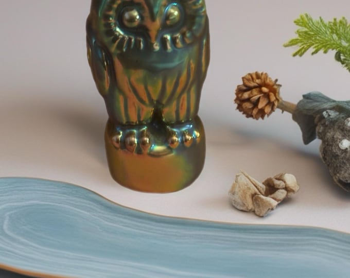 Zsolnay Hungary Owl, Hungarian Porcelain Figurine, Green Iridescent Eosin Glaze, Lover Antiques and Vintage