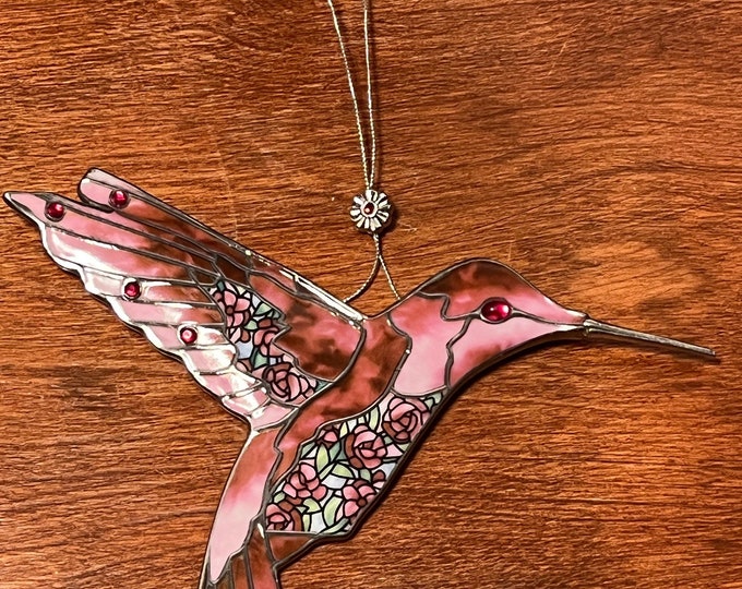 Vintage Red Pink Hummingbird Stained Glass Art Sun Catcher pink bird ornament Bradford Exchange Garden Jewels Ornament Bird