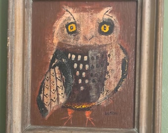 Winky Owl Painting by Margaret Layton, Original Framed Artwork, Lover Antiques and Vintage