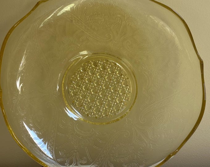 Vintage Lancaster Centerpiece Bowl, Landrum Topaz Patter, Yellow Glass Tray, Lover Antiques and Vintage