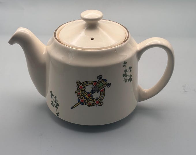Vintage Carrigaline Pottery Teapot from Cork, Ireland, Decorative Celtic Brooch Design & Shamrocks
