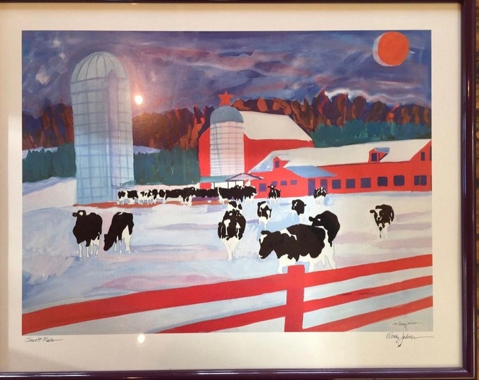 Woody Jackson 1990 Jewett Farm Signed & Framed Cow Print Abstract Ben and Jerry artwork art