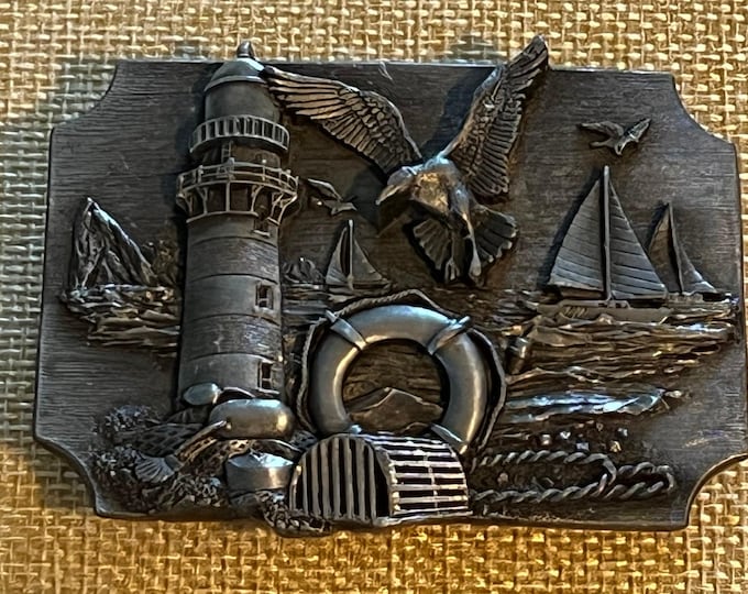 Vintage Siskiyou Lighthouse Beach Scene Belt Buckle, Beach Belt Buckle, Siskiyou Buckle Co, Sea Life, Lover Antiques and Vintage