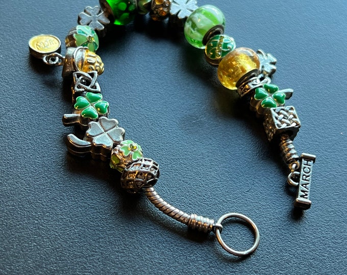 Lucky March Charm bracelet, Green Bracelet, Willabee and Ward, 4 Leaf Clover, Luck, Jewelry Charms, Beads, Lover Antiques and Vintage