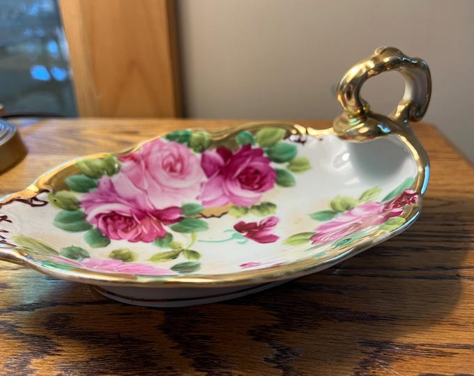 Vintage Nippon Hand Painted Dresser Dish With Handle Japanese Porcelain Vase Lover Antiques and Vintage