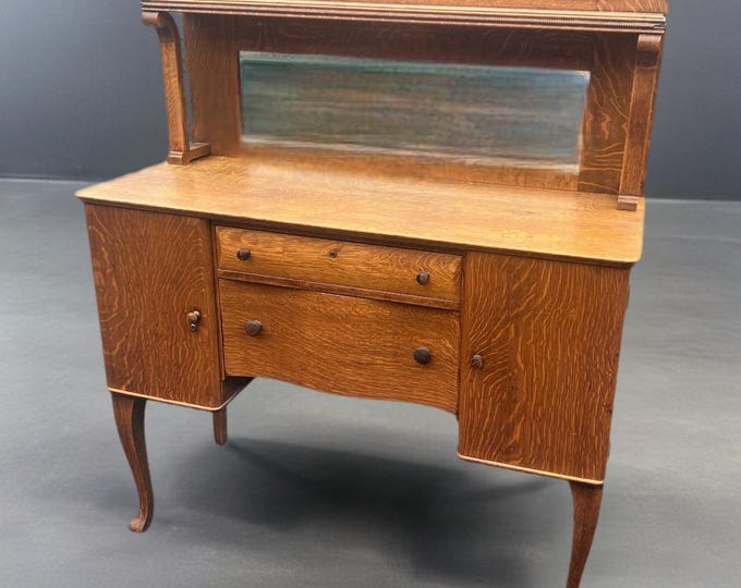 Antique Tiger Oak Buffet Cabinet Server with Mirror Stunning Show Piece!