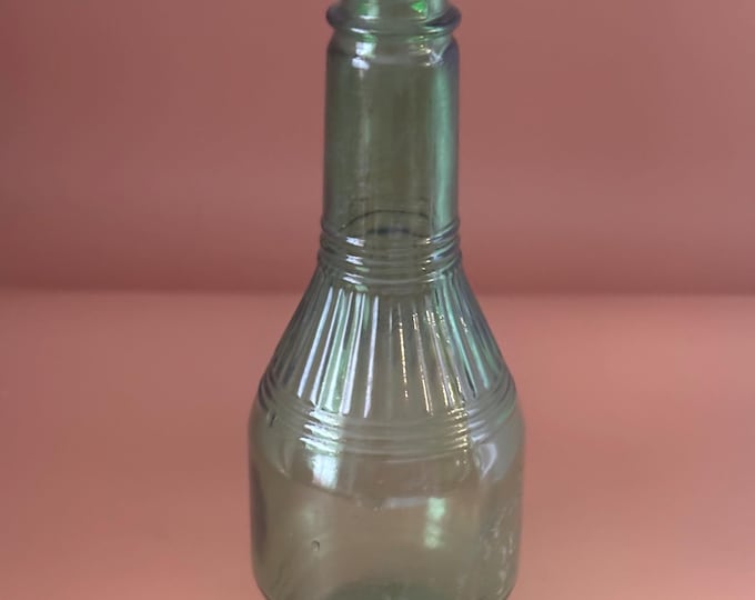 Vintage Green Glass Soda Bottle, Circa 1920's Mold Blown Glass