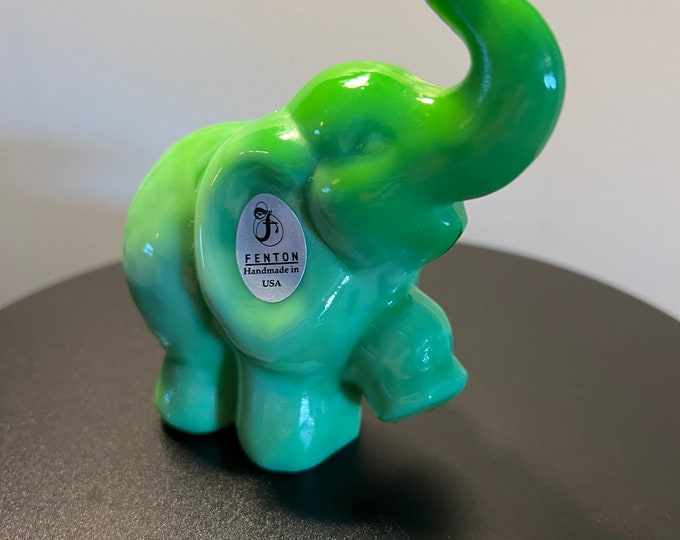 Vintage Green Slag Fenton Elephant Trunk Up Lucky Art Glass figurine figure animal paperweight glass art animals Lover Antiques and Vintage