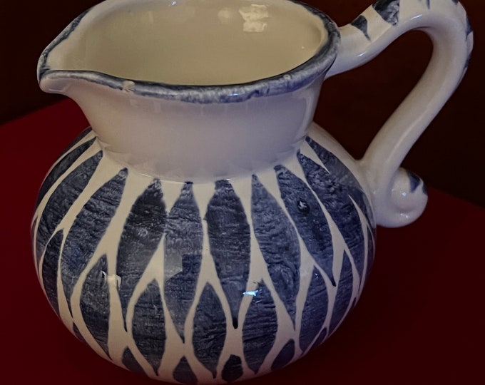 Ceramic Mini Pitcher with Blue Lattice Design, Mid Century Polka Dot Jug, Home Decor, Gift for Her