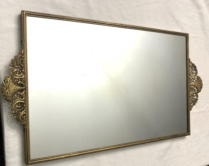 Vintage Gold Filagree Large Rectangular Mirror For Dresser Tray with Flower Design Handles Lover Antiques and Vintage