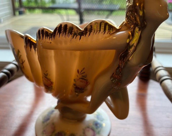 Vintage Cambridge Crown Tuscan Flying Lady Compote Glass Bowl Charleton Gilt and Floral Painting Opalescent Peach Lover Antiques and Vintage