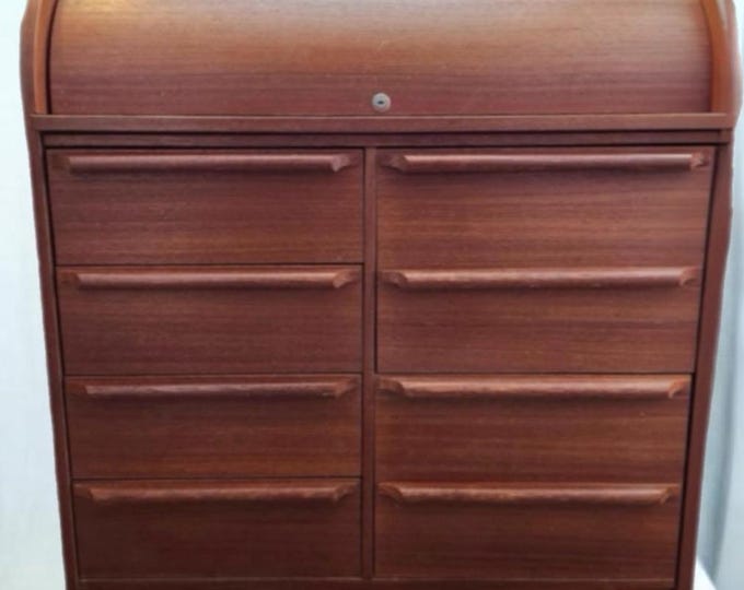 Mid Century Modern Scandinavian Roll Top Secretary with Pull Out Desk Surface and Organization Danish Teak Desk Lover Antiques and Vintage