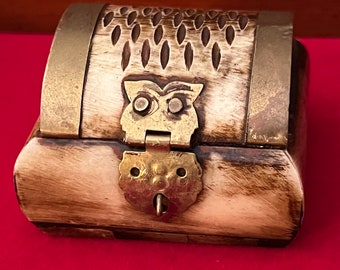 Vintage Bone & Brass Owl Trinket Box - Purple Interior