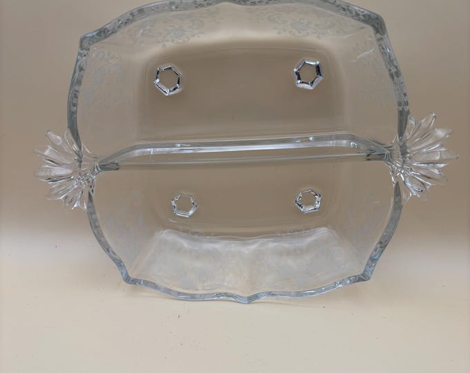 Vintage Fostoria Bouquet Etched Square Divided Dish Glass Candy Bowl Dish Glass Bowl Lover Antiques and Vintage