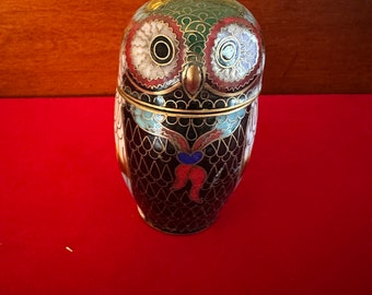 Vintage Cloisonné Enamel Owl Trinket Box with Brass Base