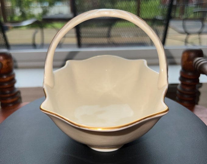 Vintage Lenox Cream Porcelain Basket Nut Dish 24K Gold Gilded Flower Embossed Pretty Things Made in USA Lover Antiques