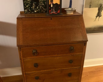 Antique Oak Slant Front Secretary Desk with original drawer pulls American Arts & Crafts Lover Antiques and Vintage