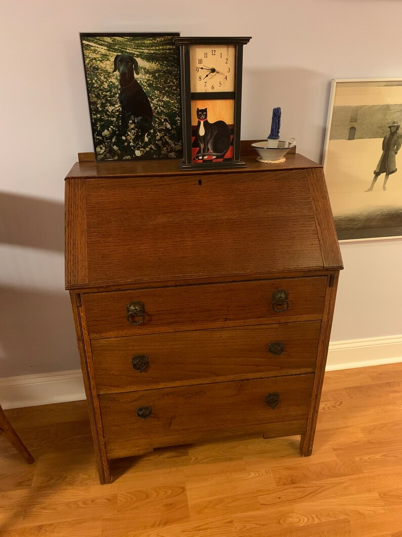 Antique Oak Slant Front Secretary Desk With Original Drawer Pulls Etsy
