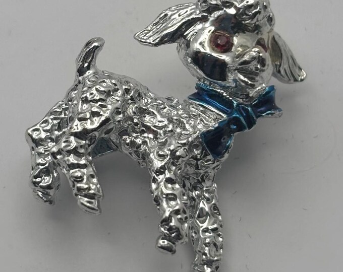 Silver Lamb Pin with Red Rhinestone Eyes and Blue Bow, Little Lambie Pin