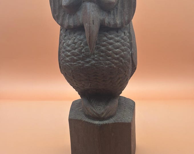 Hand Carved Mahogany Wooden Owl Figurine, Owl on a Wood Perch, Lover Antiques and Vintage
