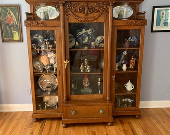 Antique Quarter Sawn Oak Triple Bookcase: Wavy Glass Library Bookshelf