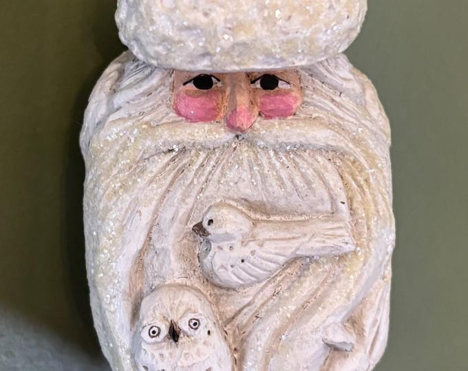 Pam Schifferl Santa Ornament, Hand Painted Christmas Decor, Winter White Santa