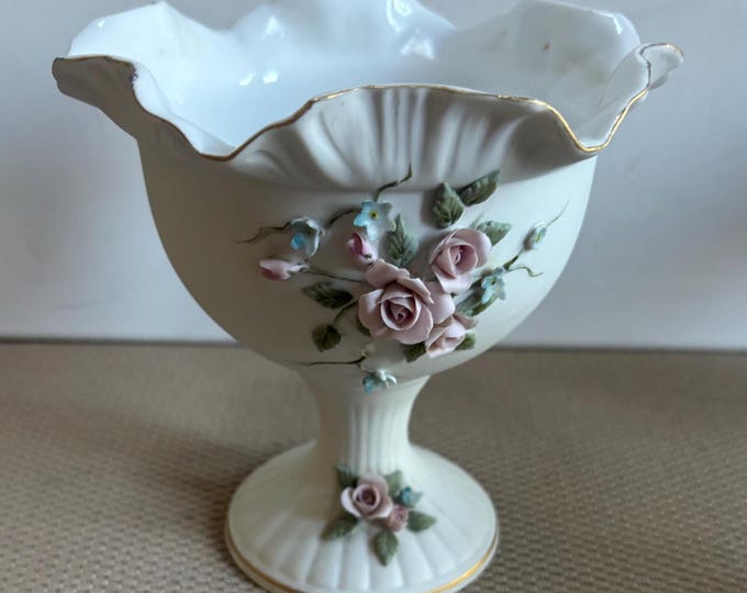 Vintage Lefton Compote Hand Painted Porcelain Capodimonte Style Roses Figurines Japanese Lover Antiques and Vintage