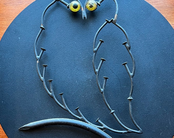 Vintage Wrought Iron Owl on a Nail Branch, Metal Owl with Yellow Eyes, Modernist Owl, Modern Metal Owl Statue, Lover Antiques and Vintage