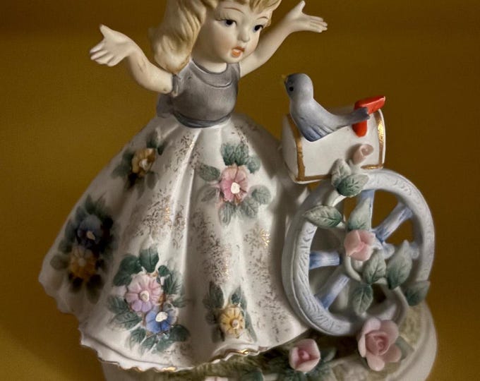 Vintage Lefton Girl Talking to Blue Bird Hand Painted Porcelain Figurine Number KW21267C Lover Antiques and Vintage