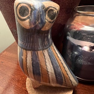 Vintage Tonala Pottery Owl: Red, White, and Blue Mexican Folk Art