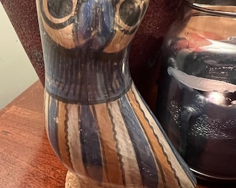 Vintage Tonala Pottery Owl: Red, White, and Blue Mexican Folk Art