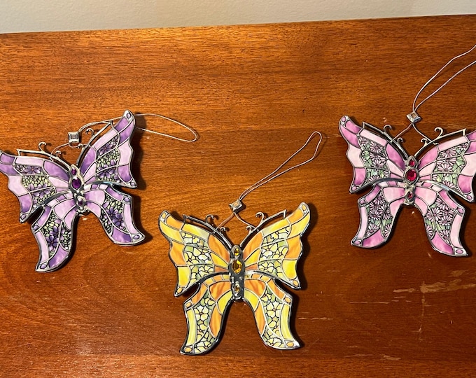 Vintage Bradford Editions Butterflies Silken Wings Porcelain Lot of 3 stained glass butterfly Christmas ornaments gift Set #2 Lover Antiques