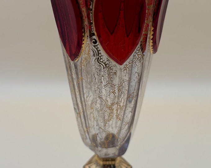 Antique Bohemian Cranberry Cut Cabochon Tall Vase with Gold Gilding Lover Antiques and Vintage