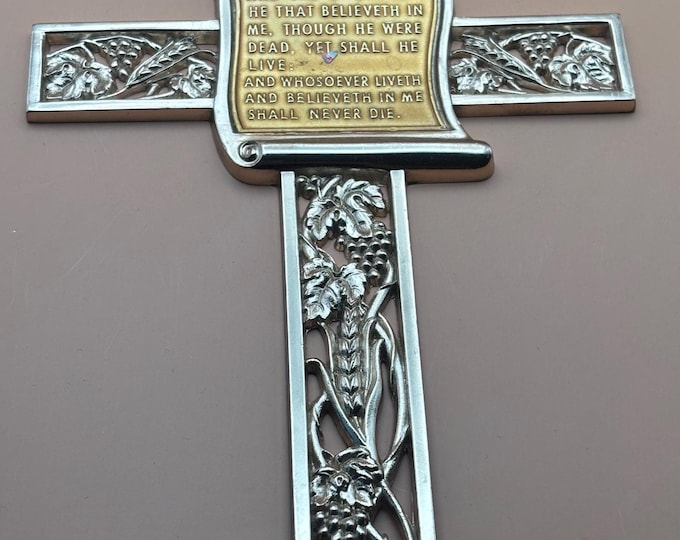 Pewter Cross with I am the Resurrection and Life Quote, Lover Antiques and Vintage