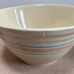 Vintage McCoy Ovenware #12 Bowl Pink Blue Stripe USA Stoneware Lover Antiques and Vintage